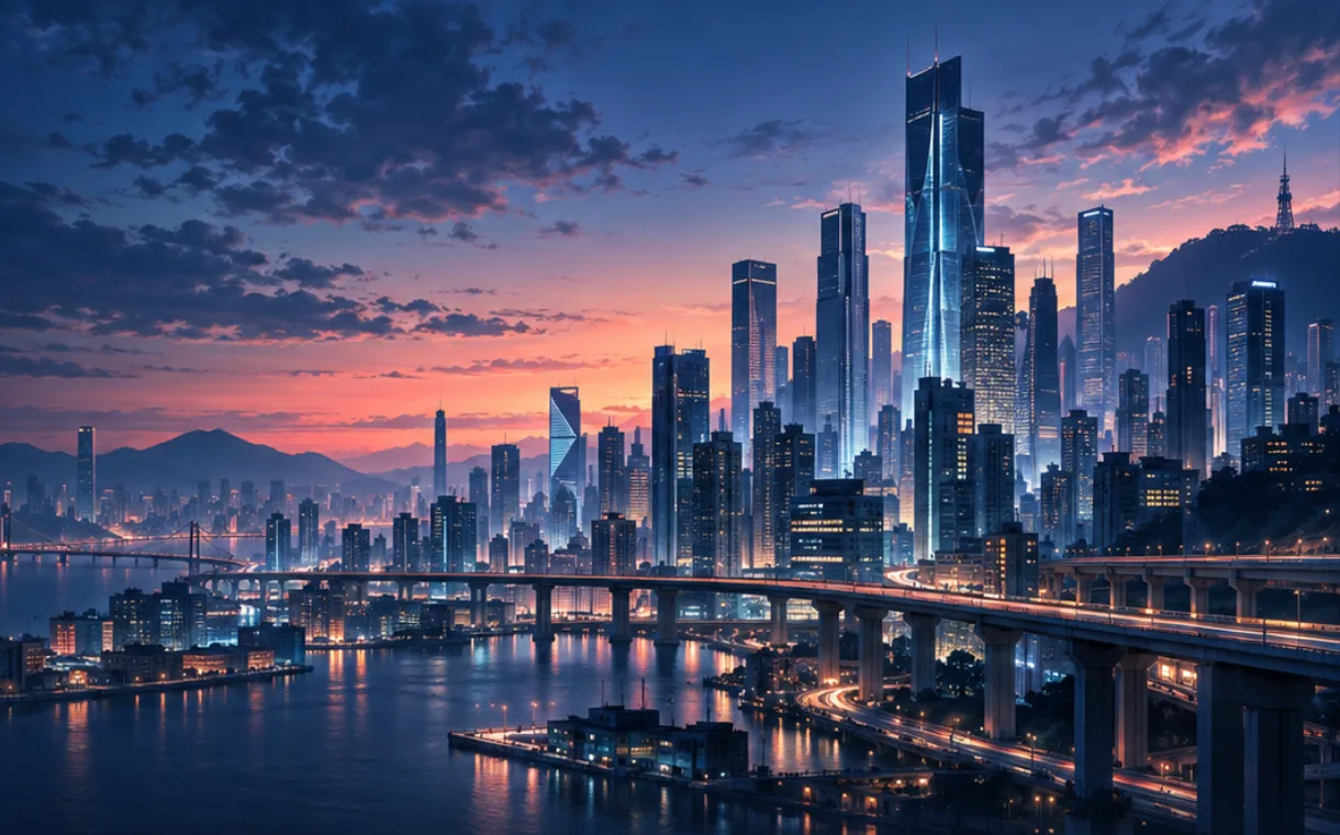 The city skyline at dusk